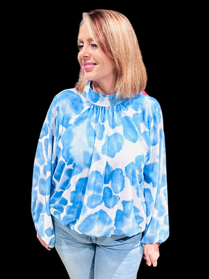 Blue & White Balloon Sleeve Top